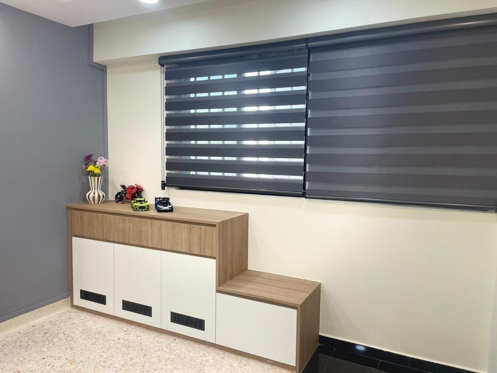 Asian Living Room with Shoe Cabinets and Blinds