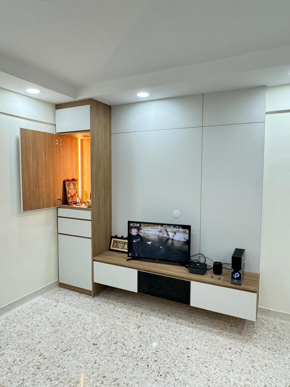 Asian Living Room with TV Console and Storage Cabinets