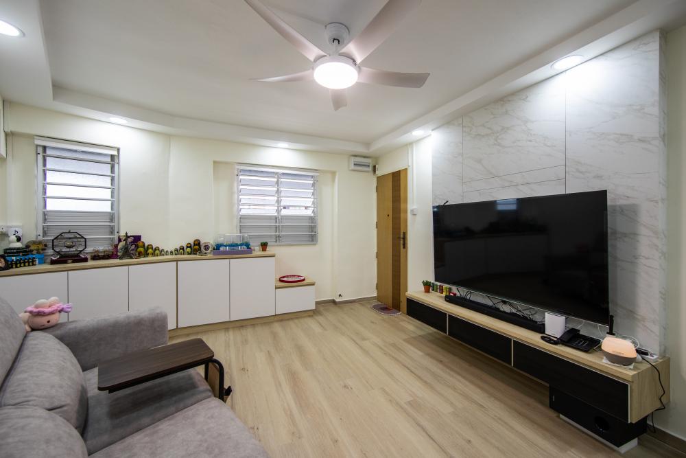 Asian Living Room with Wood Flooring and TV Console