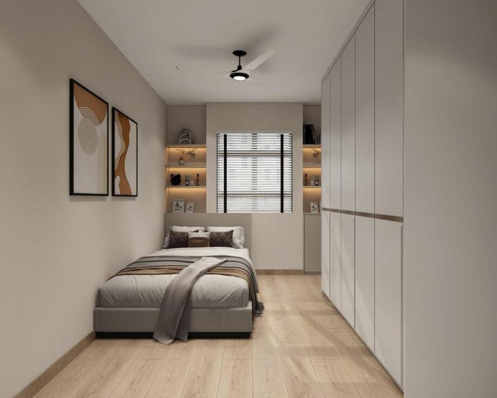 Minimalist Bedroom with Bookshelf and Wardrobe