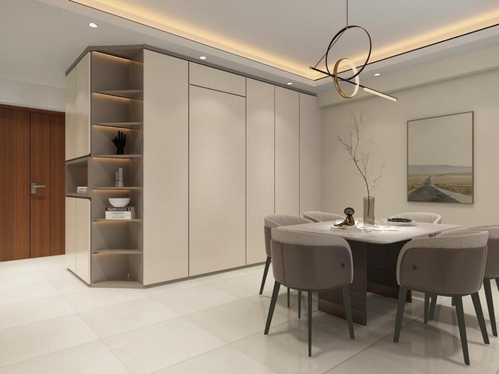 Minimalist Living Room with Ceiling Light and Dining Table