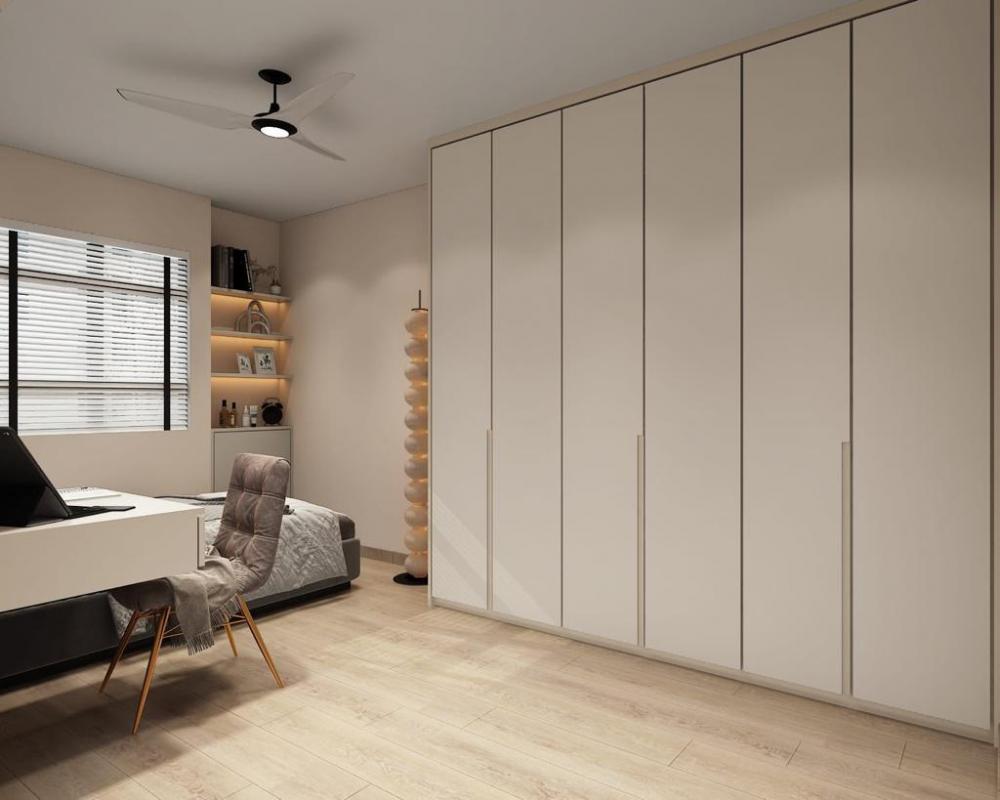 Minimalist Bedroom with Bookshelf and Wardrobe