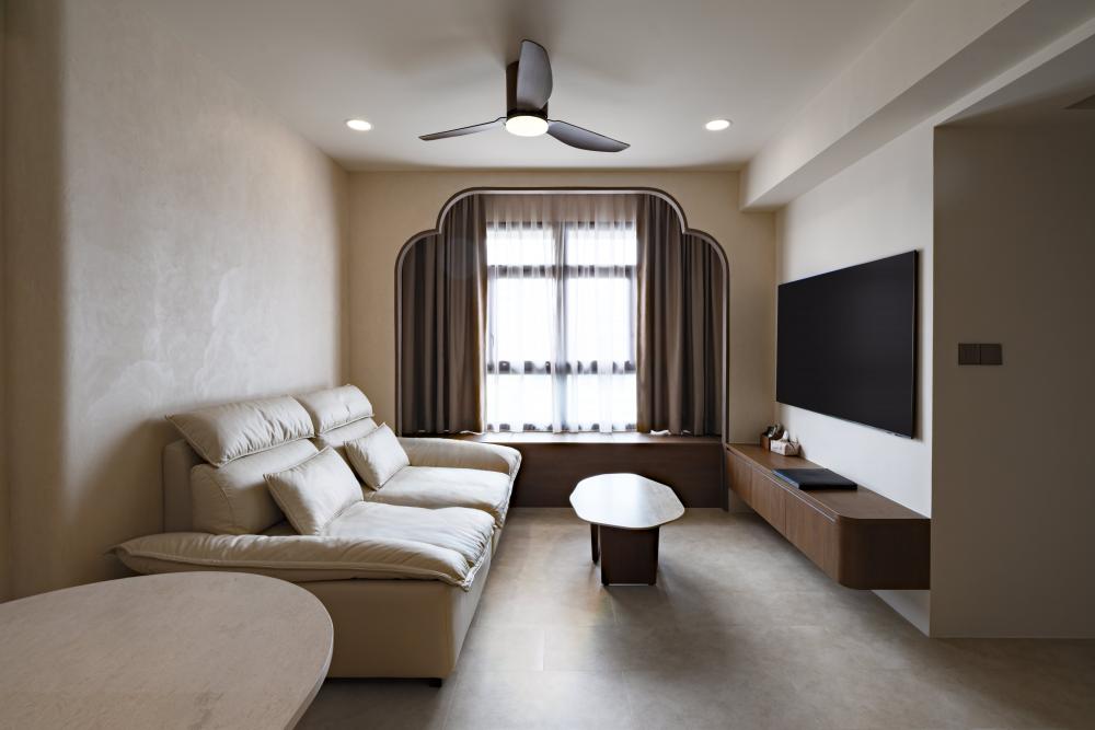 Asian Living Room with Homogeneous Tiles and TV Console