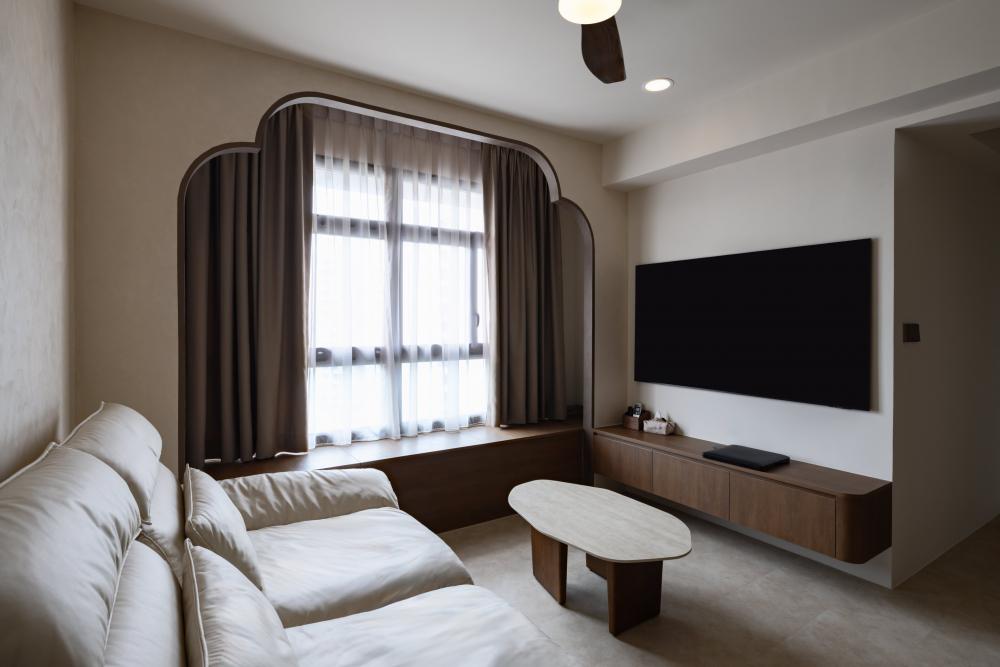 Asian Living Room with Homogeneous Tiles and TV Console