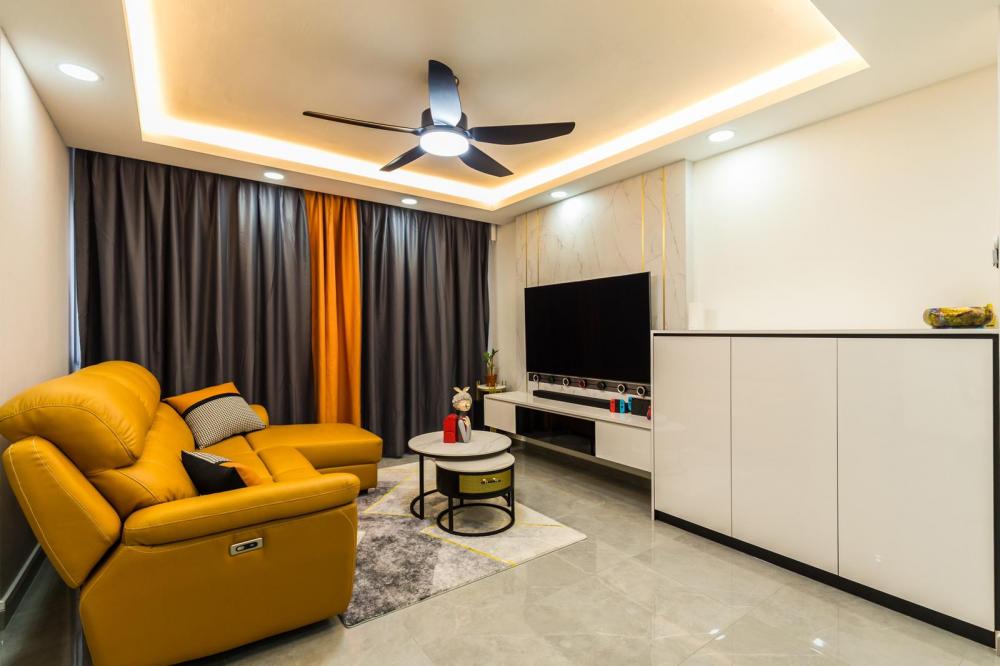Minimalist Living Room with Marble Floor and TV Console