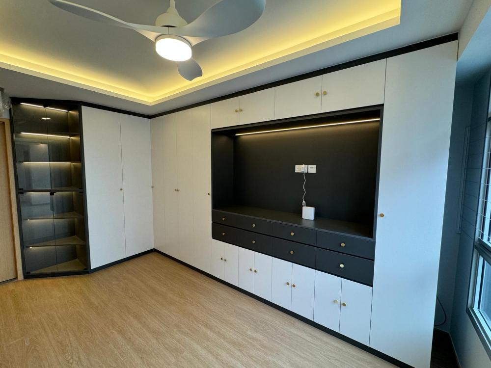 Minimalist Living Room with Wood Flooring and TV Console