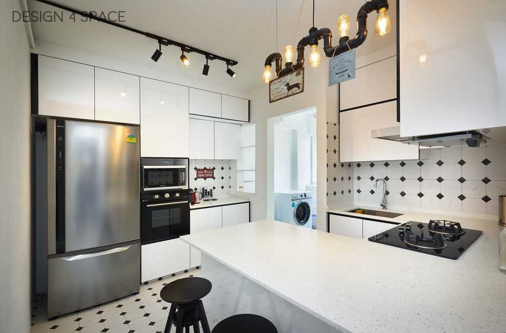 Industrial Kitchen with Homogeneous Tiles and Kitchen Window