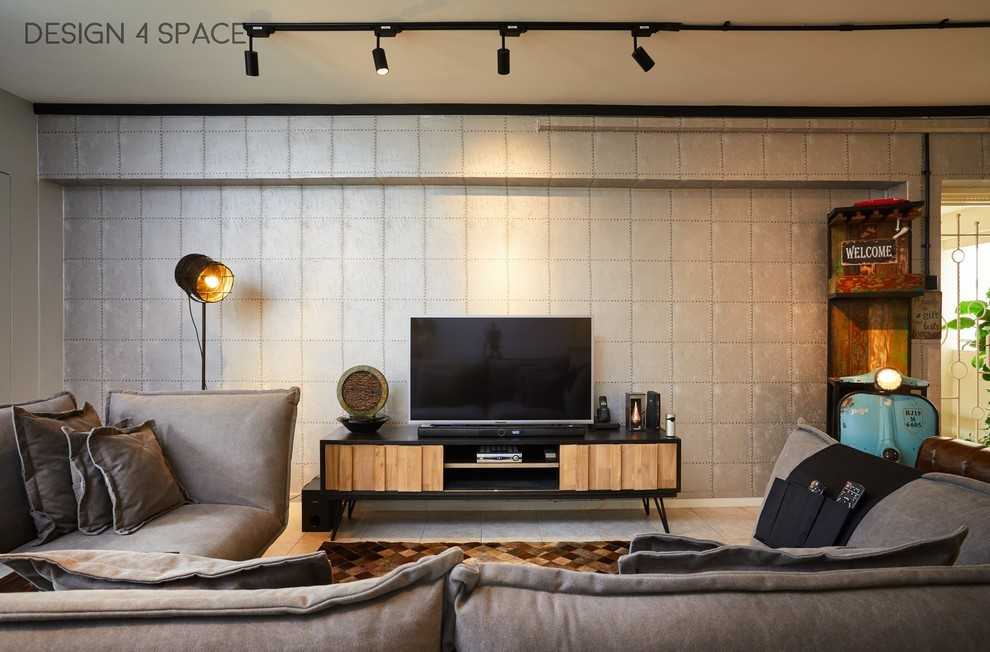 Industrial Living Room with TV Console and Feature Wall
