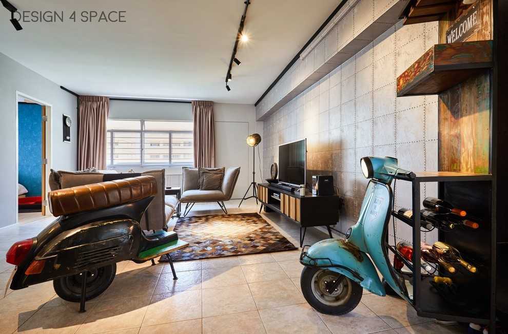 Industrial Living Room with TV Console and Feature Wall