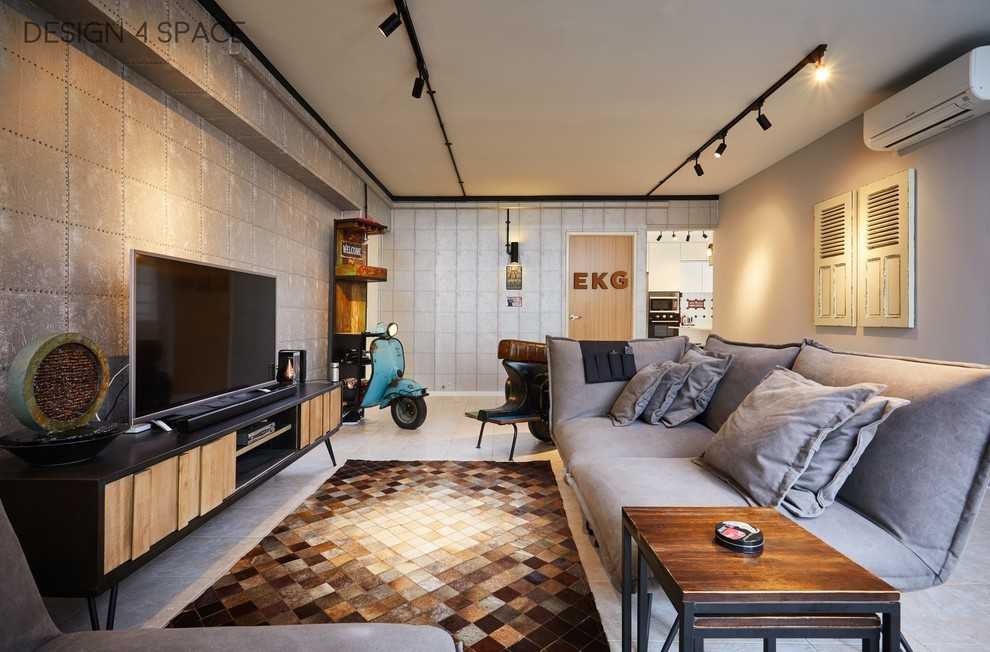 Industrial Living Room with Herringbone Tiling and TV Console