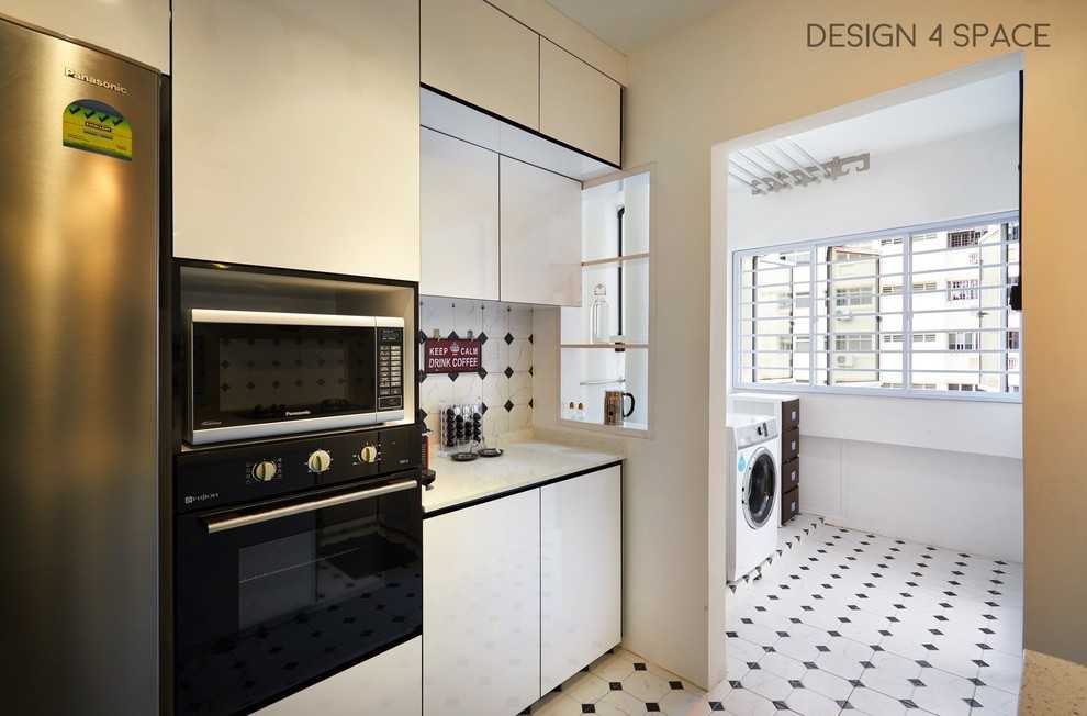 Industrial Kitchen with Vinyl Flooring and Herringbone Tiling