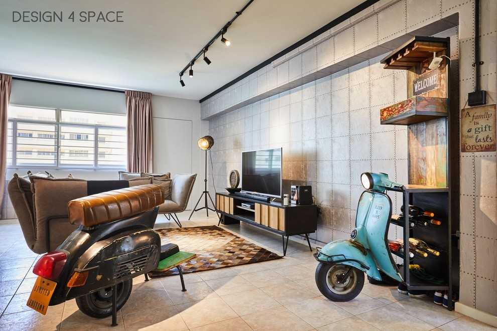 Industrial Living Room with Homogeneous Tiles and Wood Flooring