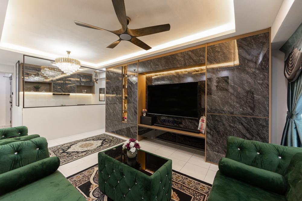 Modern Living Room with TV Console and Ceiling Light