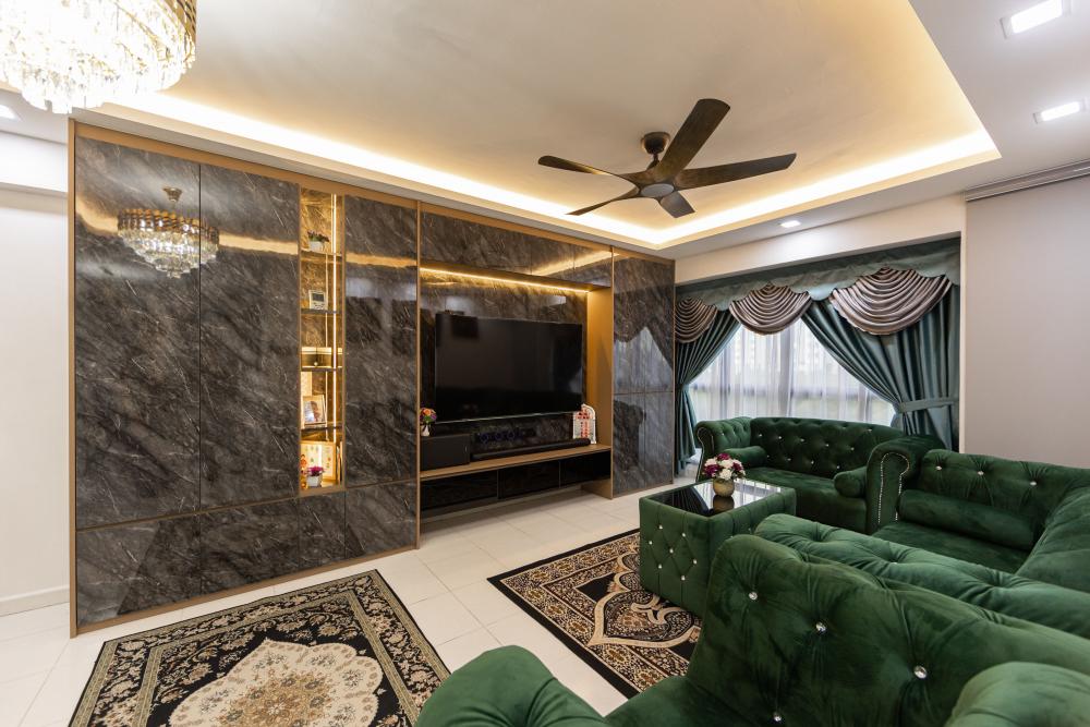 Modern Living Room with TV Console and Ceiling Light