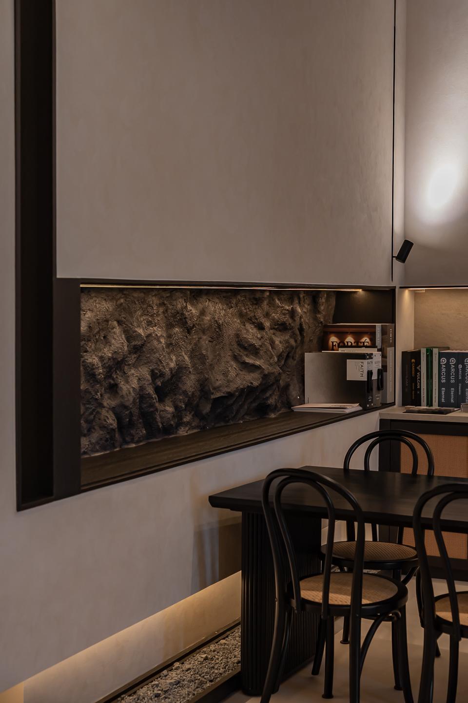 Asian Studio with Feature Wall and Display Cabinets