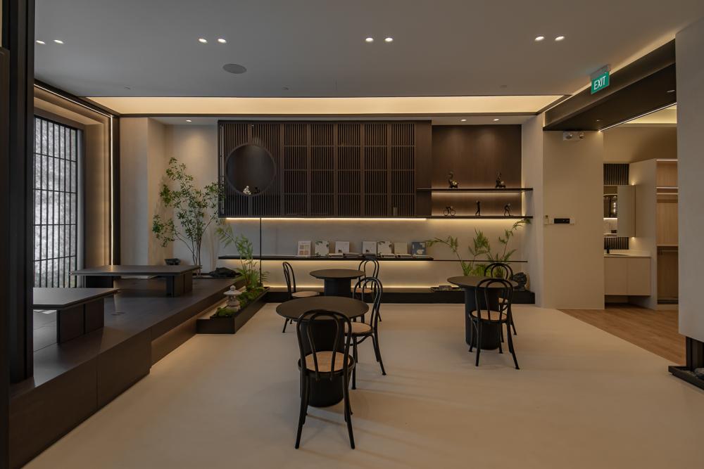 Asian Studio with Bookshelf and Coffee Table