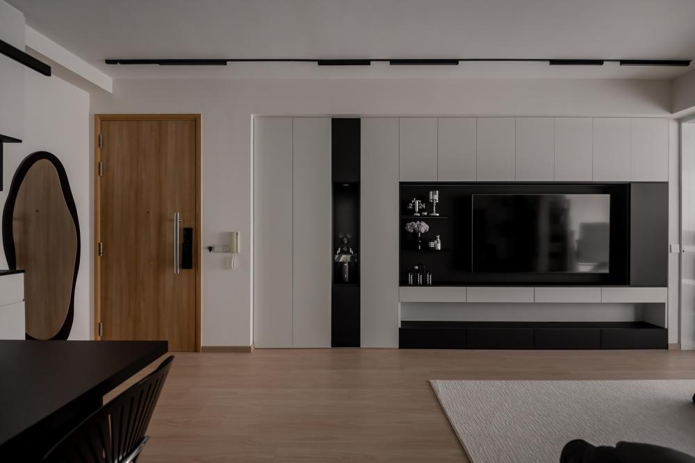 Contemporary Living Room with Bookshelf and TV Console