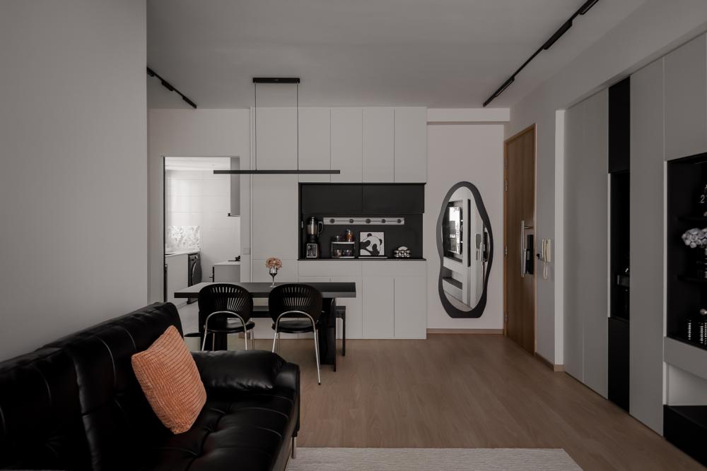 Contemporary Dining Room with Drop Light and Mirror