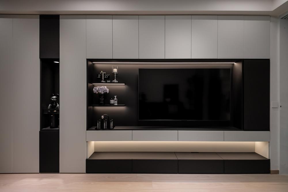 Contemporary Living Room with Bookshelf and Vinyl Flooring
