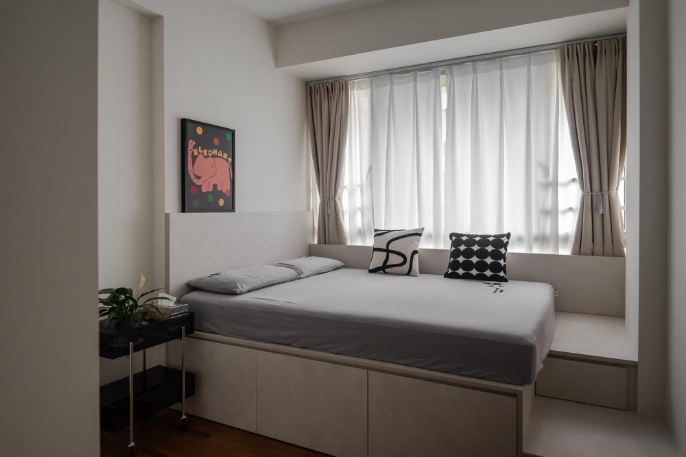 Contemporary Bedroom with Platform Bed and Wood Flooring