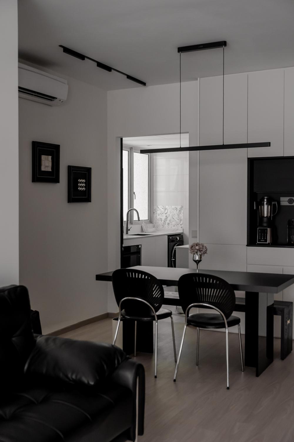 Contemporary Dining Room with Cove Lighting and Open Kitchen