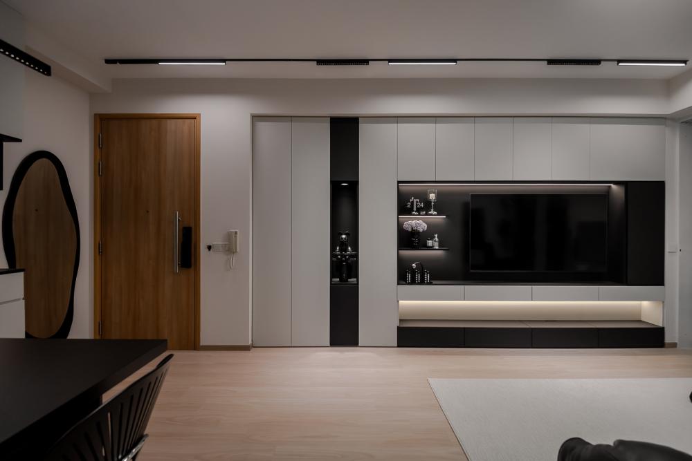 Contemporary Living Room with Bookshelf and TV Console