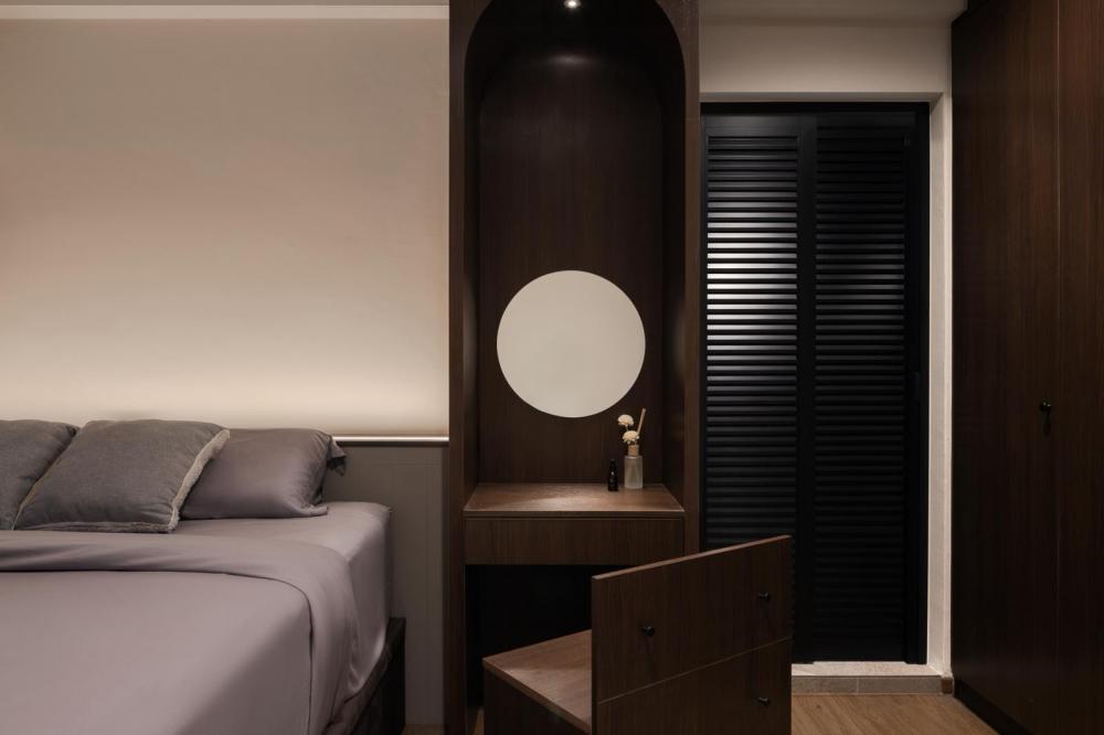 Transitional Bedroom with Wood Flooring and Bedside Table