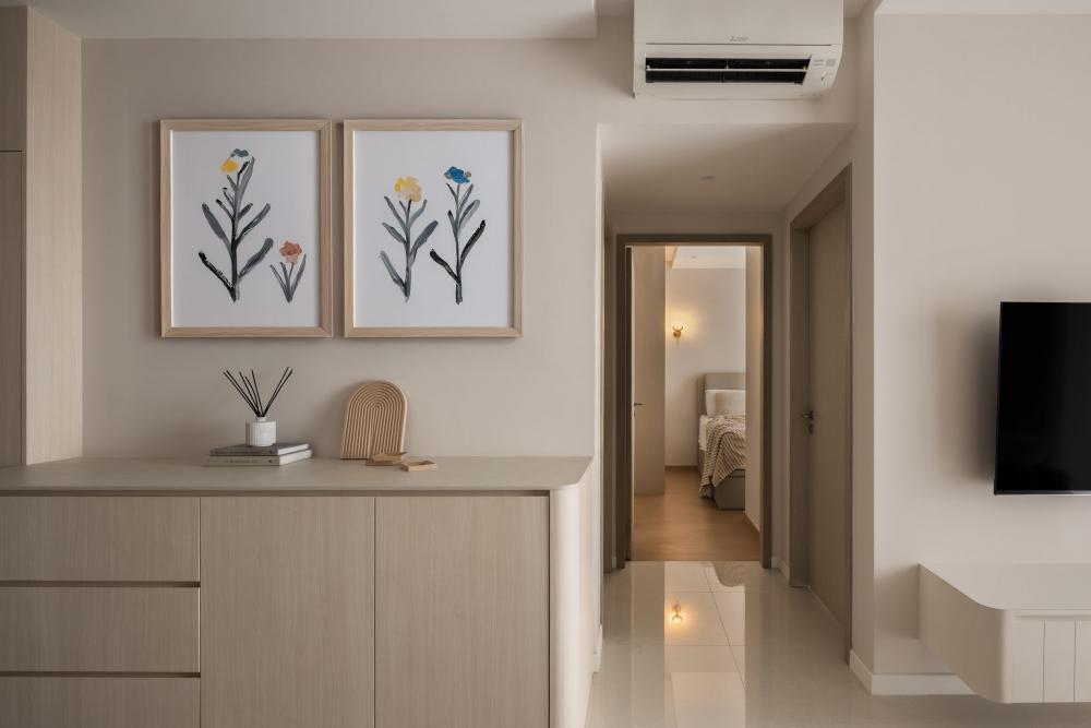Minimalist Living Room with Paintings and Storage Cabinets