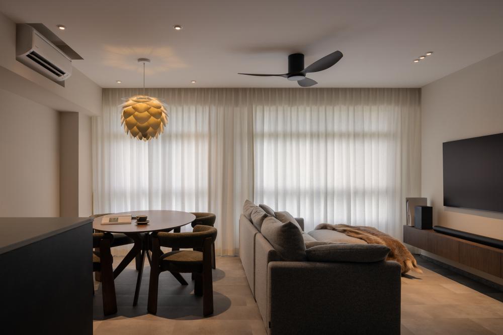 Minimalist Living Room with Homogeneous Tiles and TV Console