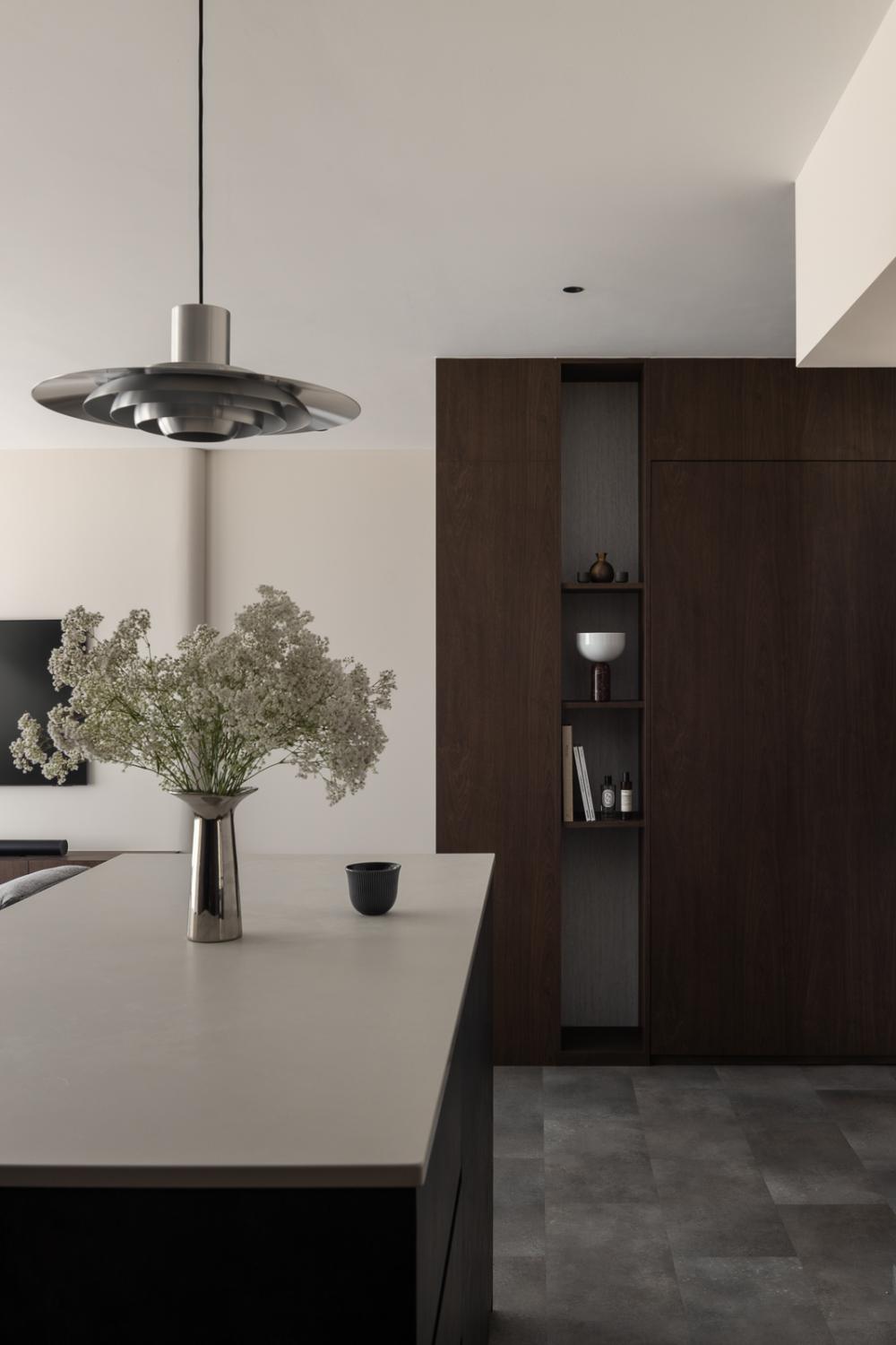 Minimalist Kitchen with Kitchen Island and Display Cabinets