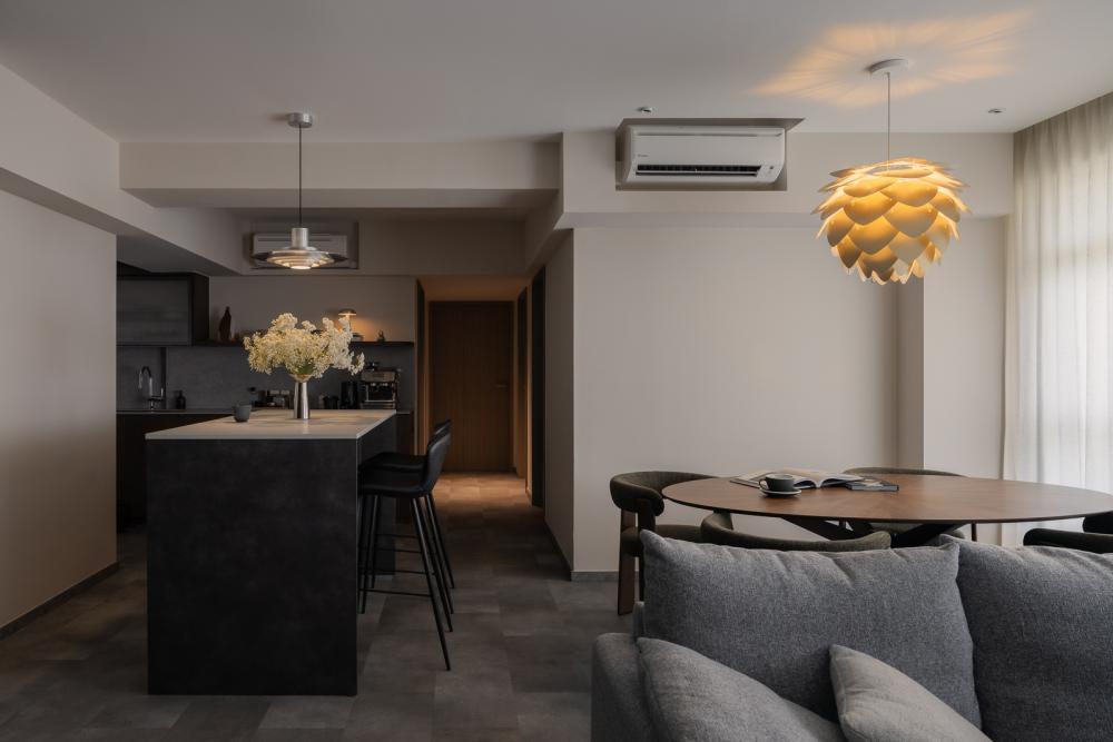 Minimalist Dining Room with Kitchen Island and Open Kitchen
