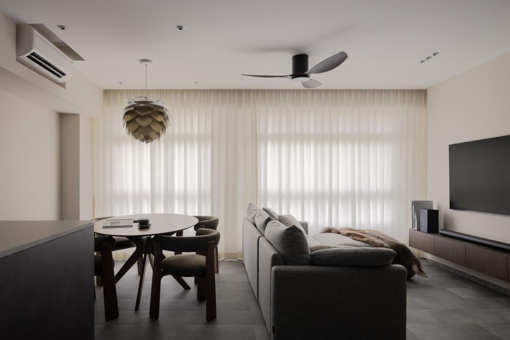 Minimalist Living Room with Homogeneous Tiles and TV Console