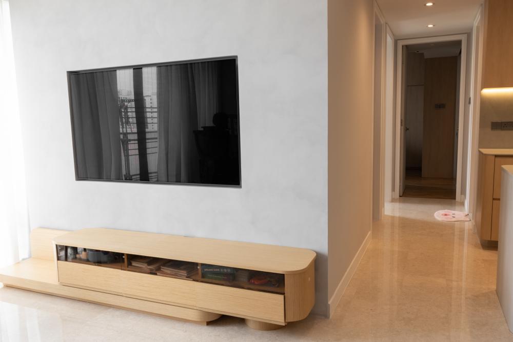 Scandinavian Living Room with Bookshelf and Marble Floor