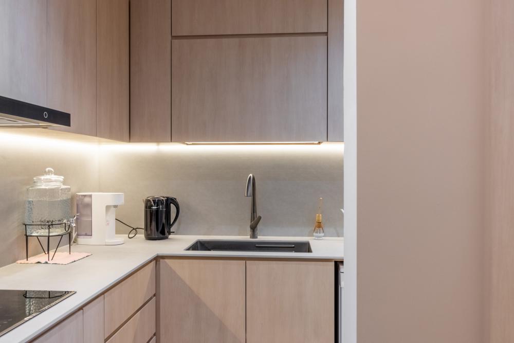 Scandinavian Kitchen with Countertop and Kitchen Backsplash