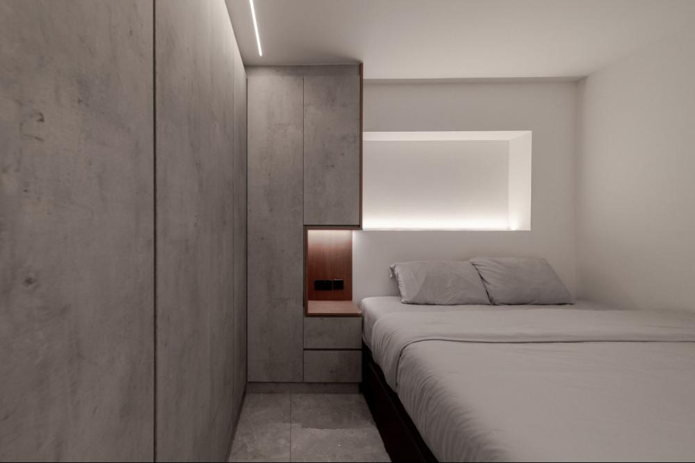 Modern Bedroom with Homogeneous Tiles and Wardrobe