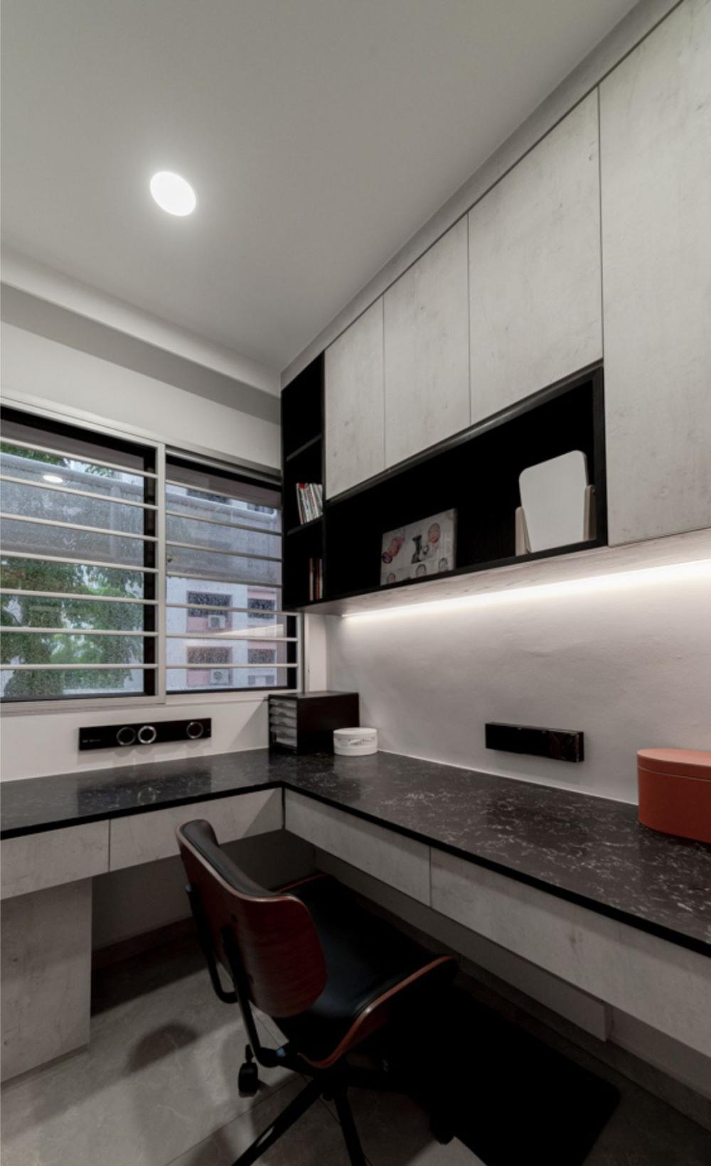 Modern Bedroom with Bookshelf and Countertop
