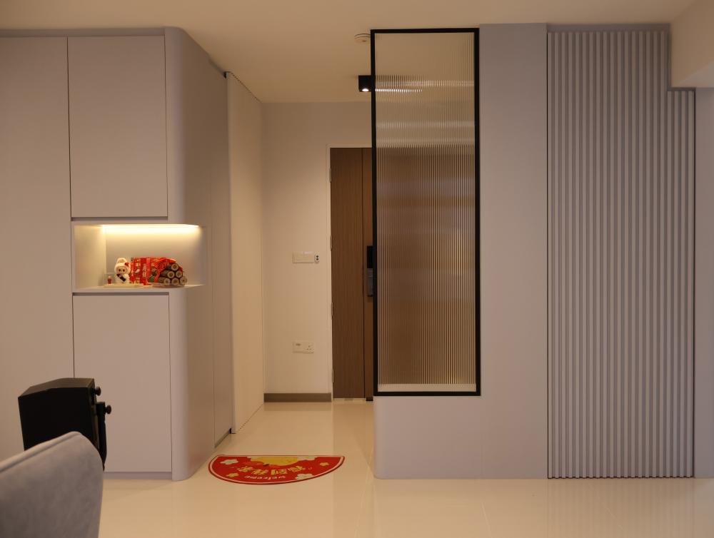 Minimalist Foyer with Ceiling Light and Storage Cabinets