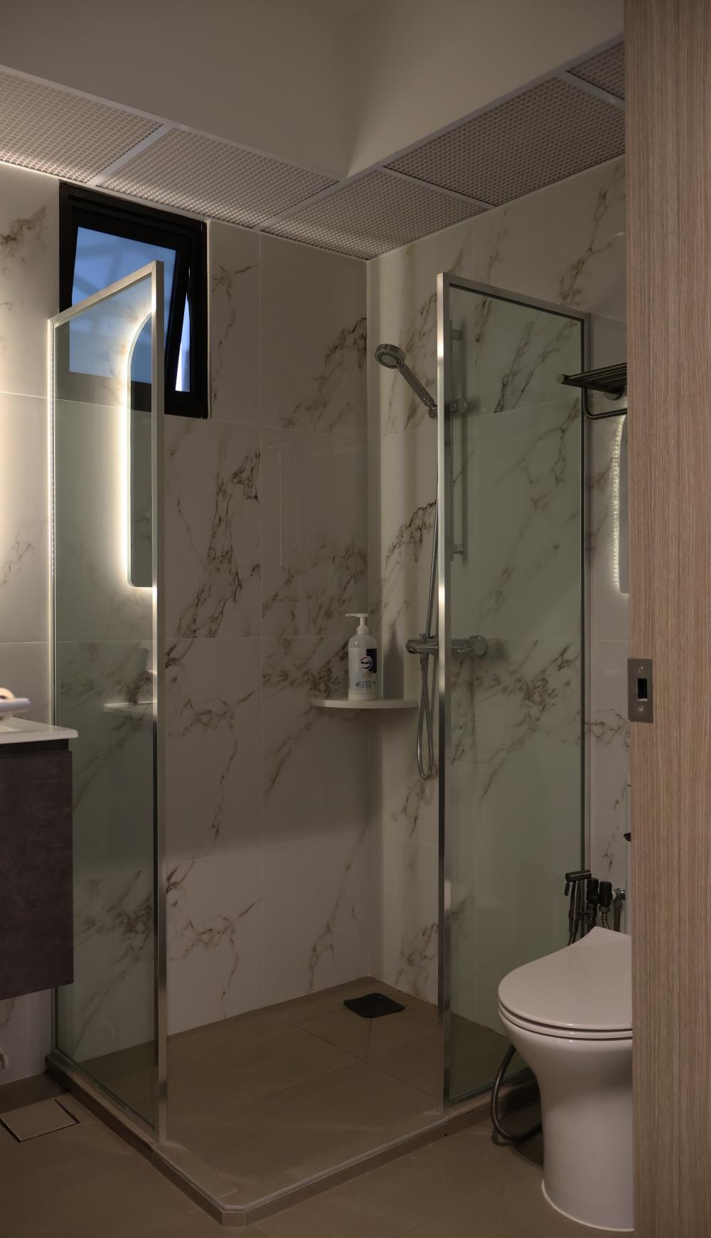 Minimalist Bathroom with Homogeneous Tiles and Shower Screen
