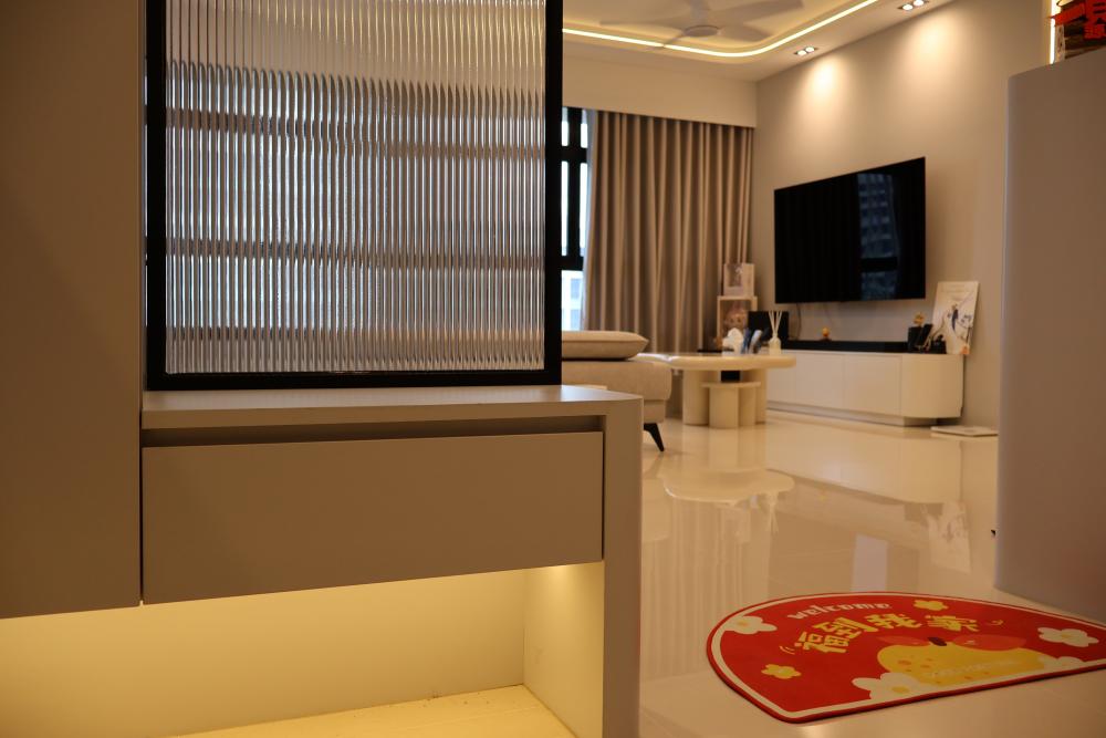 Minimalist Foyer with TV Console and Cove Lighting