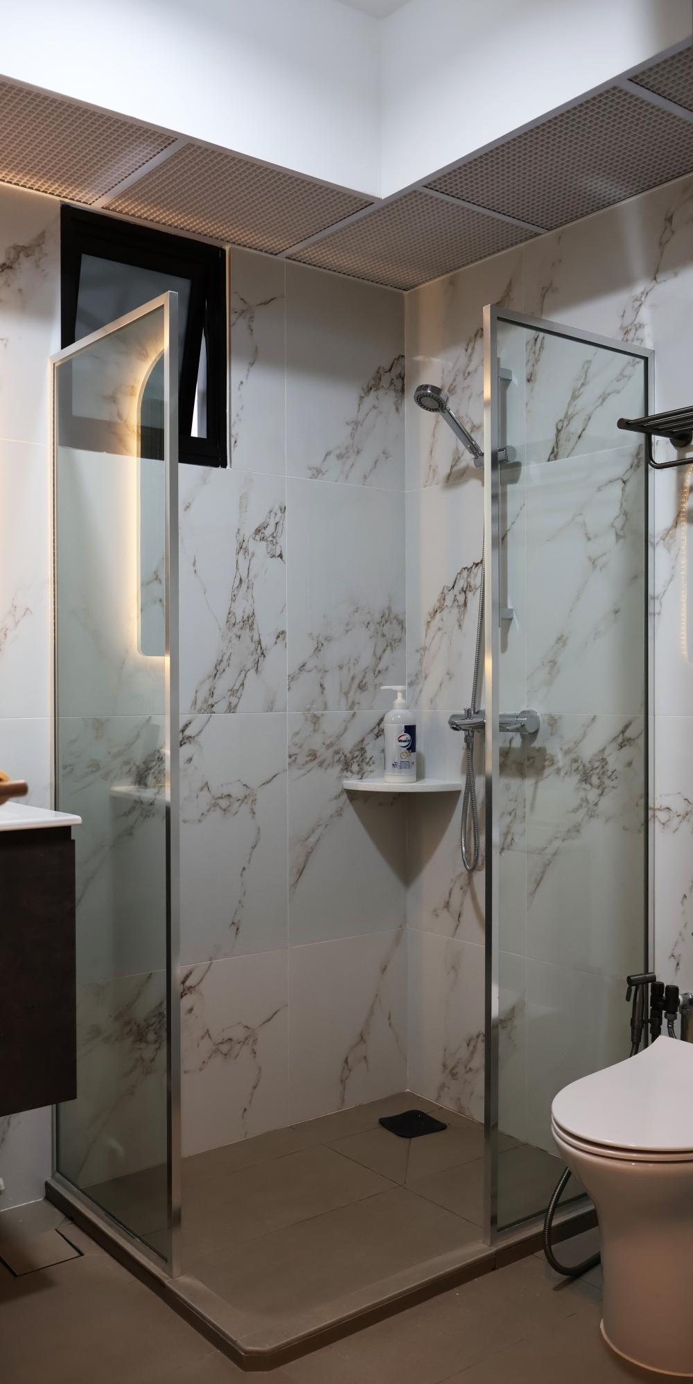 Minimalist Bathroom with Homogeneous Tiles and Shower Screen