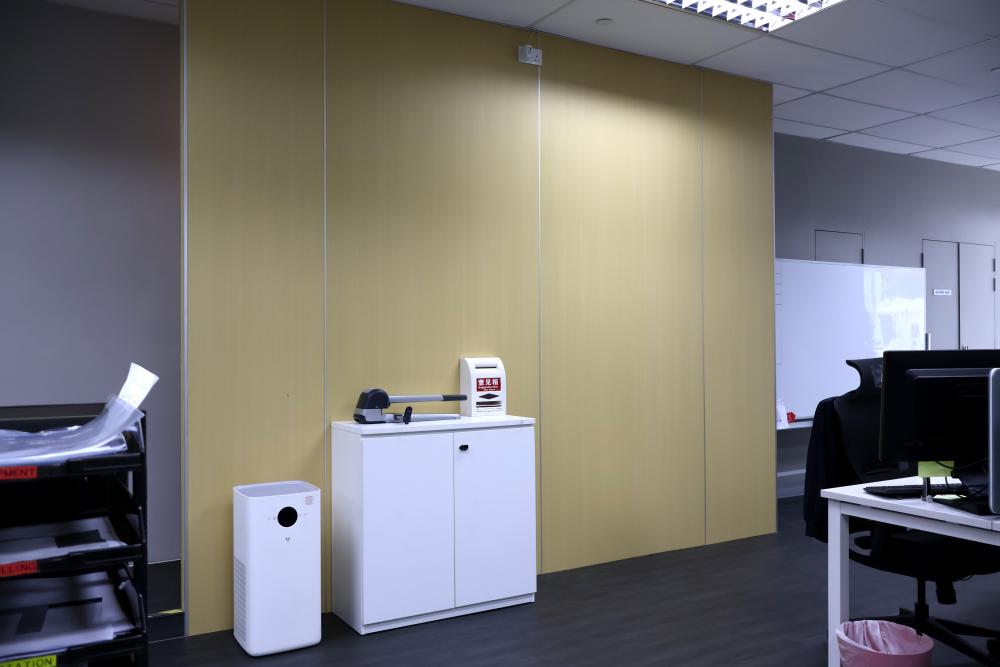 Minimalist Office with Vinyl Flooring and Feature Wall