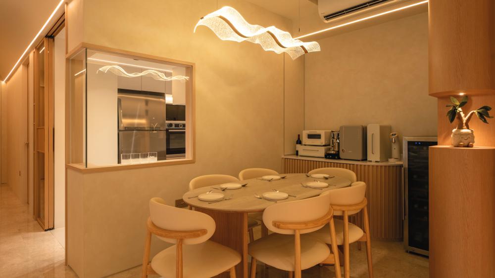 Minimalist Dining Room with TV Console and Dining Table