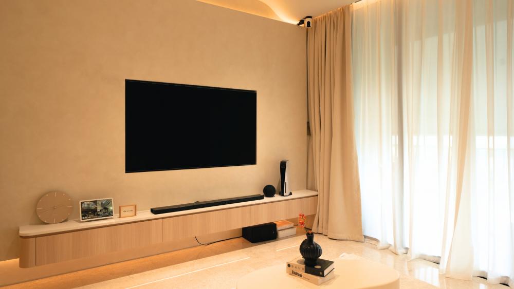 Minimalist Living Room with TV Console and Open Kitchen