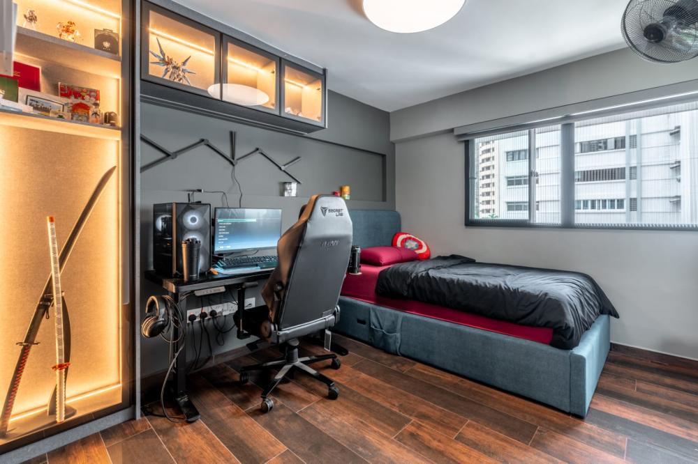 Minimalist Bedroom with Homogeneous Tiles and Wardrobe