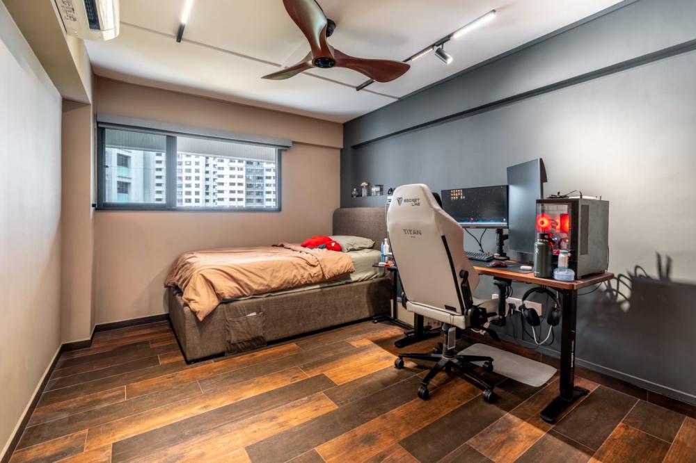 Minimalist Bedroom with Homogeneous Tiles and Lighting