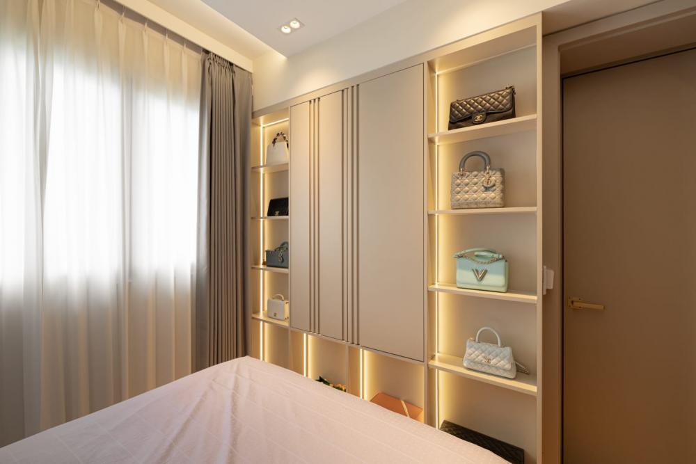 Modern Bedroom with Display Cabinets and Lighting