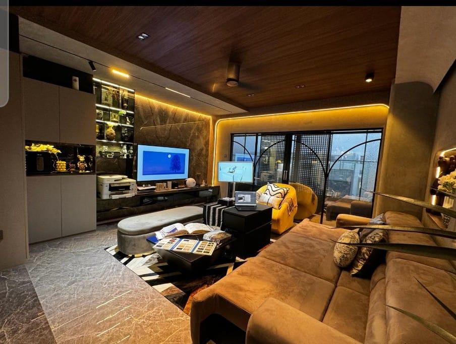 Modern Living Room with Marble Floor and TV Console