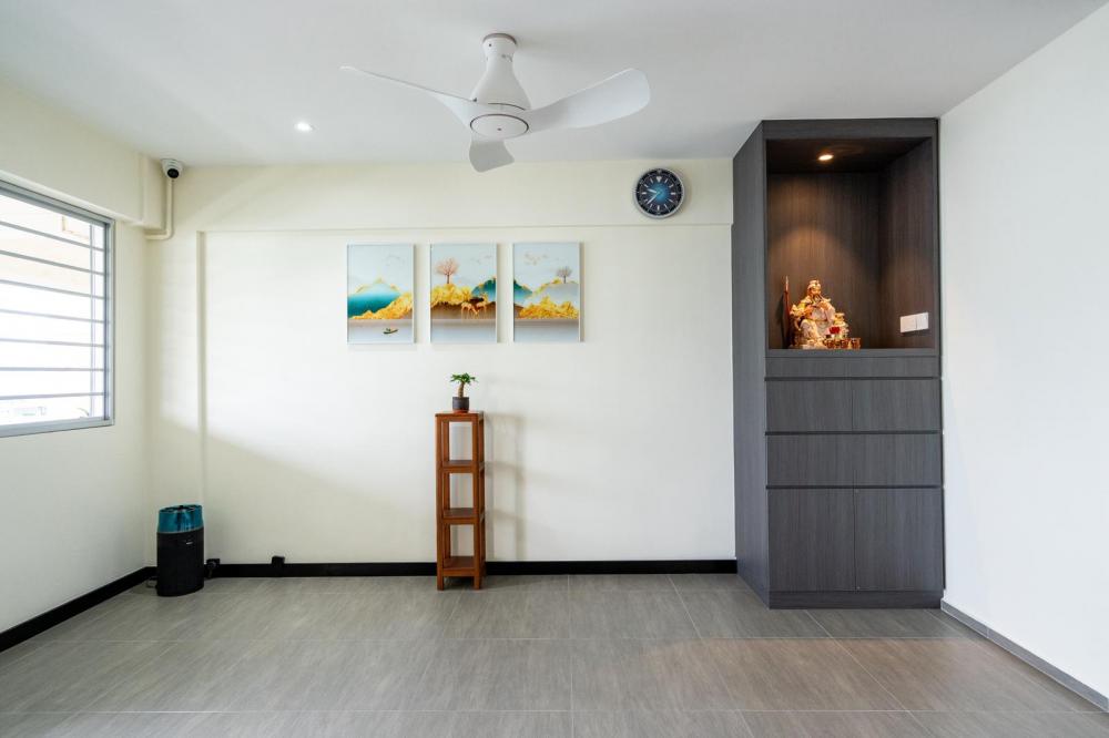 Asian Living Room with Homogeneous Tiles and Altar