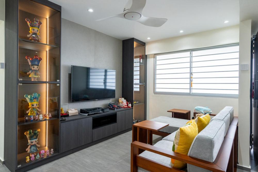 Asian Living Room with Homogeneous Tiles and Sofa