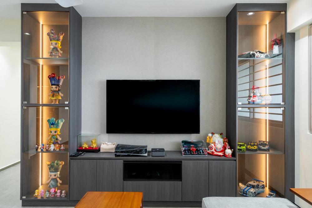 Asian Living Room with Homogeneous Tiles and TV Console